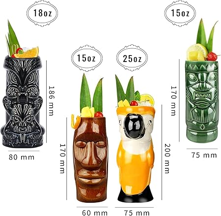 SOLATA Cocktail Set of 4 - Large Tumblers Ceramic Hawaiian Luau Party Mugs Drinkware, Cute Exotic Cocktail Glasses, Tiki Bar Professional Hawaiian Party Barware