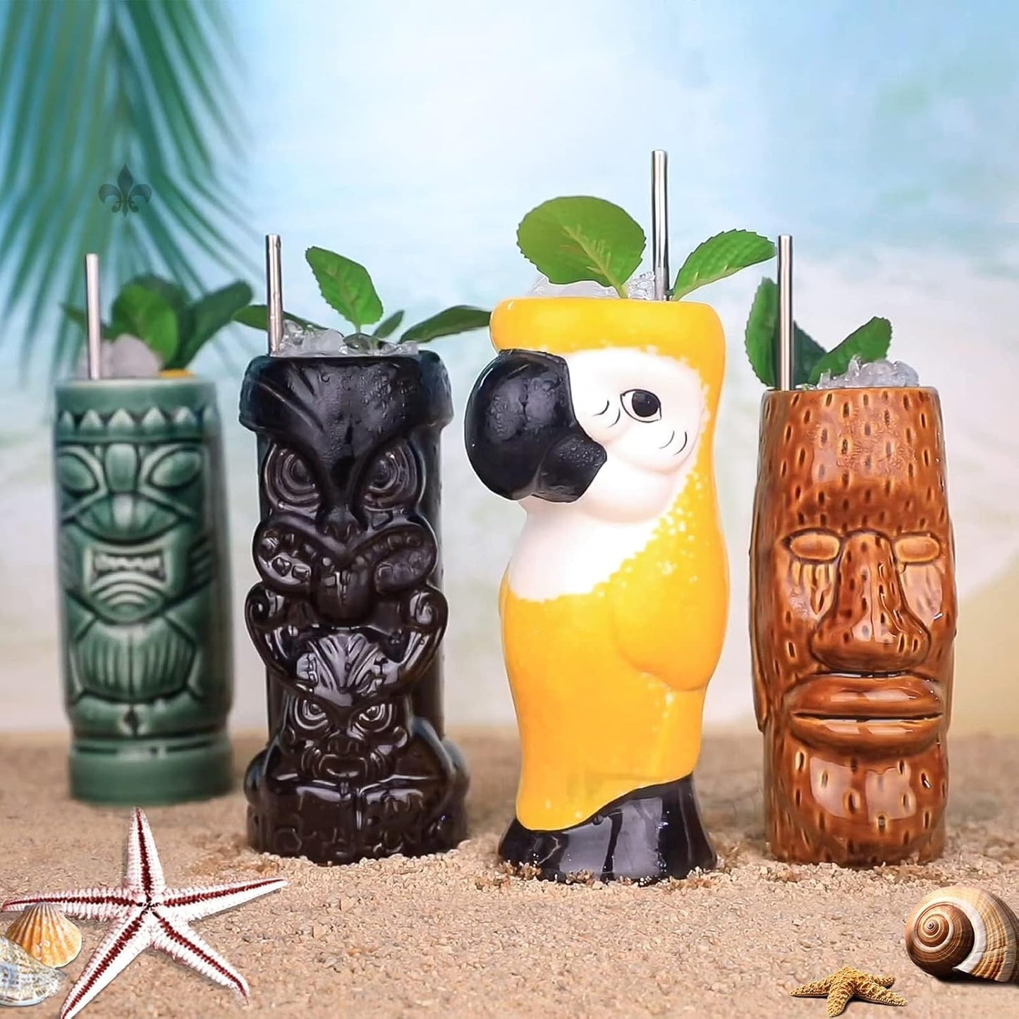 SOLATA Cocktail Set of 4 - Large Tumblers Ceramic Hawaiian Luau Party Mugs Drinkware, Cute Exotic Cocktail Glasses, Tiki Bar Professional Hawaiian Party Barware
