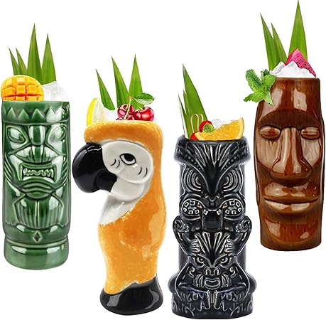 SOLATA Cocktail Set of 4 - Large Tumblers Ceramic Hawaiian Luau Party Mugs Drinkware, Cute Exotic Cocktail Glasses, Tiki Bar Professional Hawaiian Party Barware