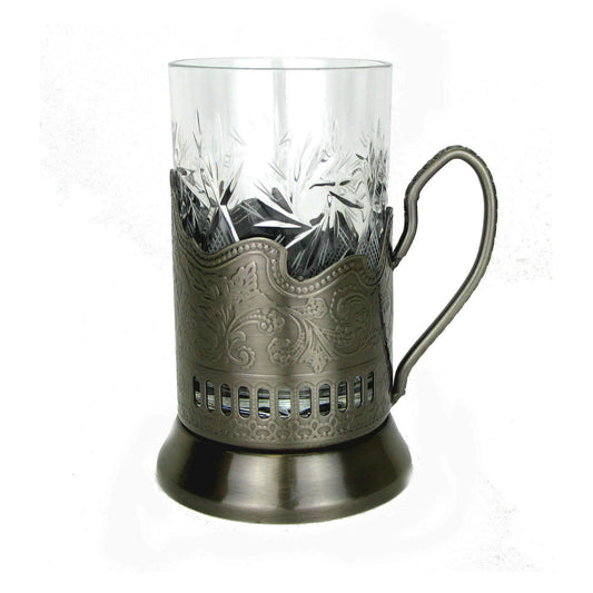 6 Piece Crystal Tempered Hot Tea Glassware and Drinkware - Metal Glass Holders