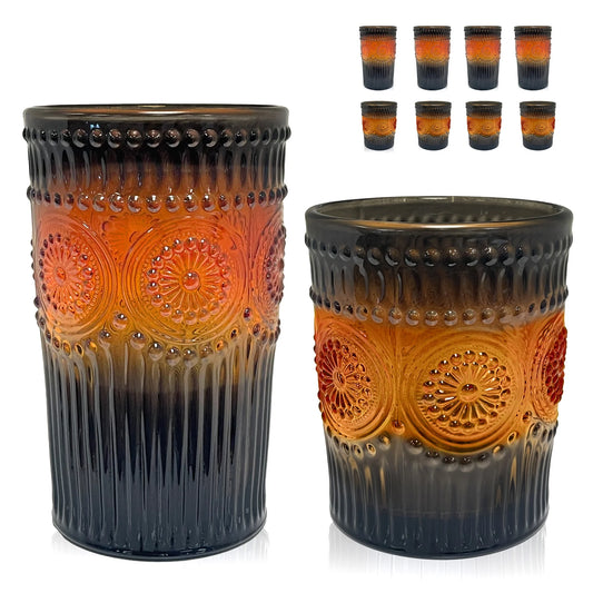 Orange & Black Highball and DOF Glass - Set of 8, Orange/Black