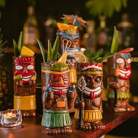 Cocktail Tiki Mugs Set Of 12 -Cute Ceramic Hawaiian Style Cocktail Glasses